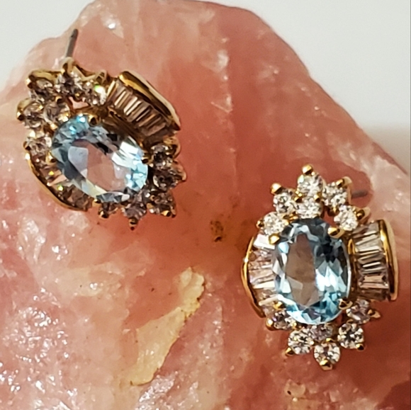 Topaz earrings tourmaline baguettes oval ice blue Genuine natural pierced gold - Picture 11 of 16